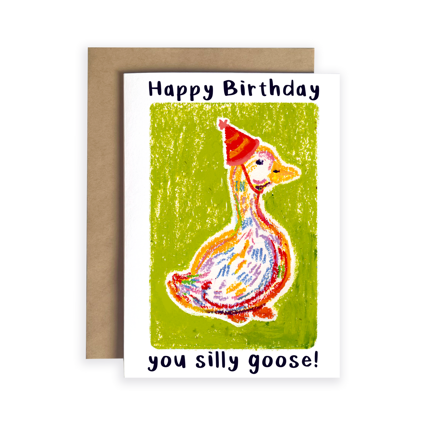 Birthday card with a goose wearing a party hat and text 'Happy Birthday you silly goose!' on a green background.