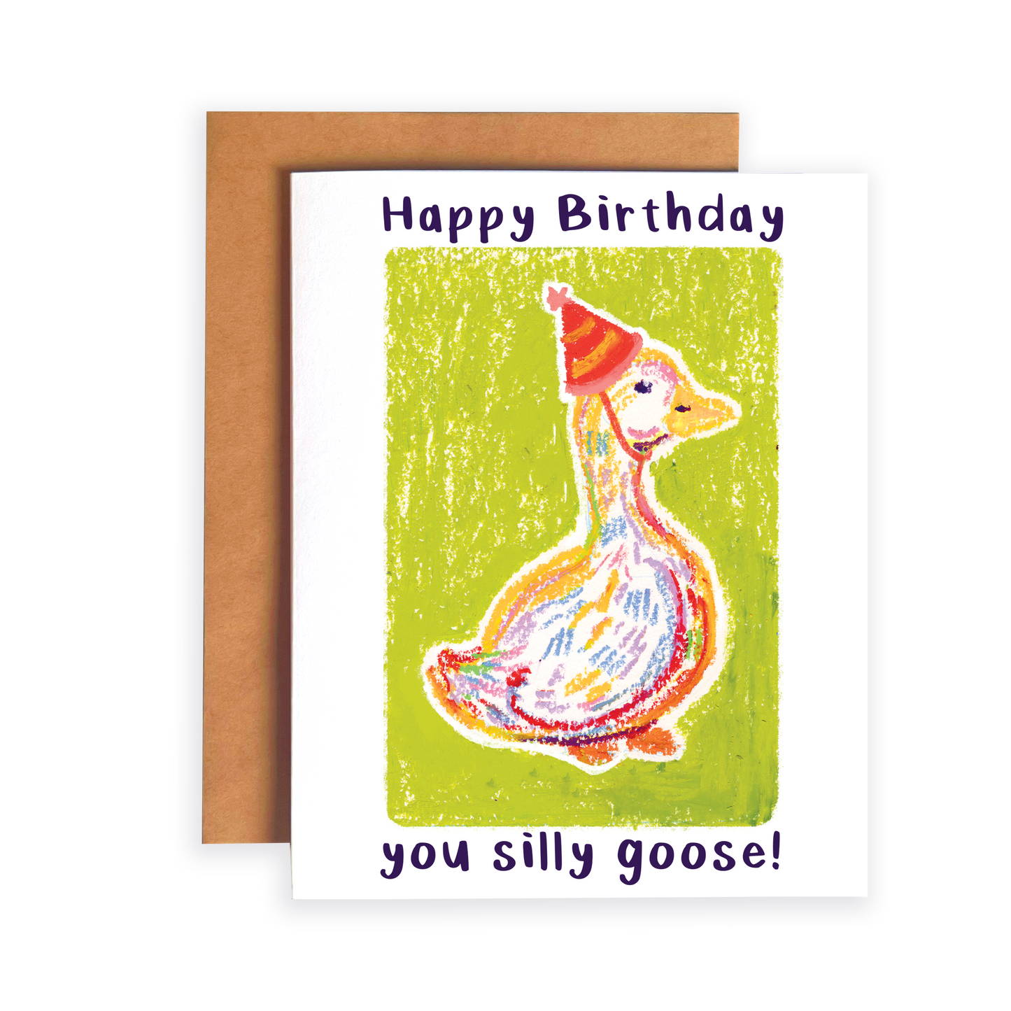 Birthday card with a goose wearing a party hat on a green background