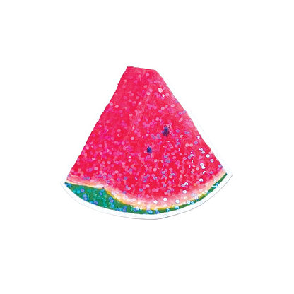 Watermelon slice with pink glittery top on a white background