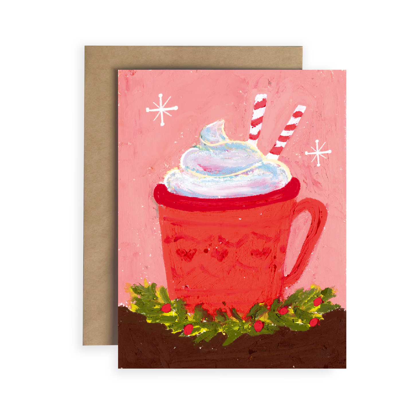 Greeting card with a red mug of hot chocolate, whipped cream, and candy canes on a pink background.