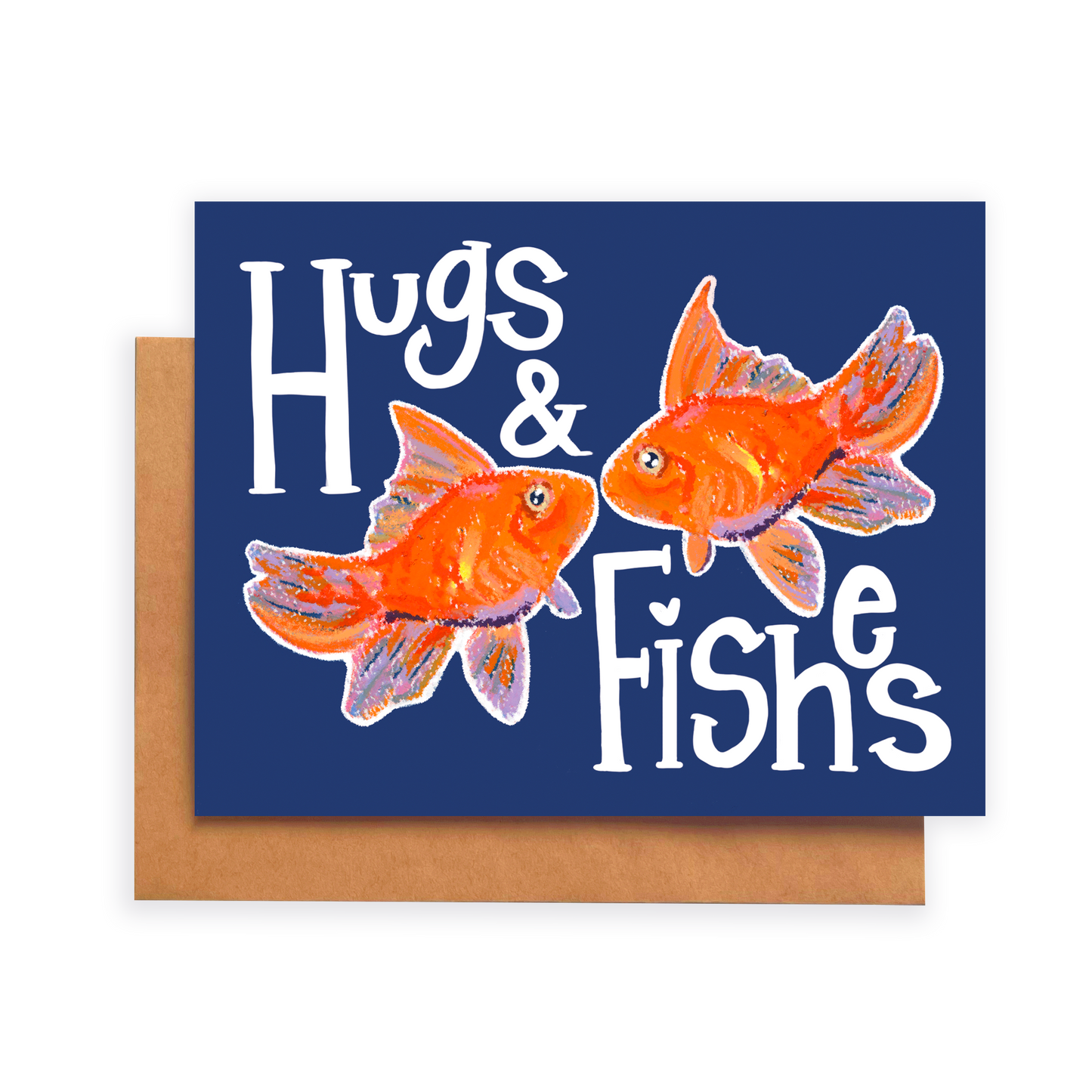Card with two goldfish and text 'Hugs & Fishes' on a blue background