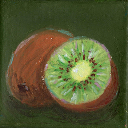 Painting of a kiwi fruit with a green background