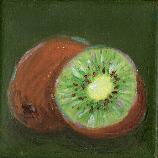 Painting of a kiwi fruit with a green background