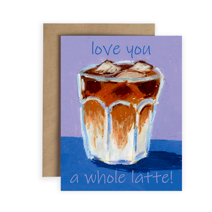  illustration of iced latte with text 'love you a whole latte' on a purple background