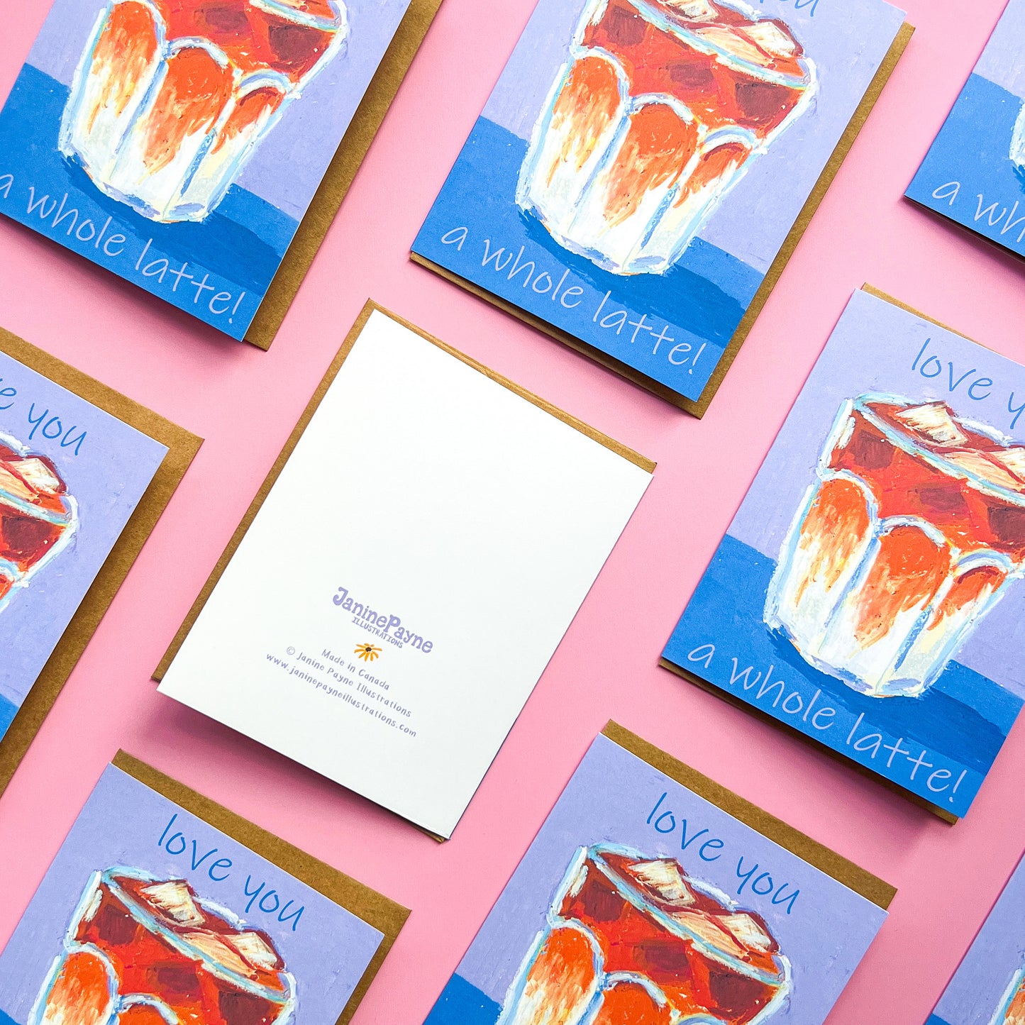 pattern of greeting cards with a drawing of an iced latte and text 'love you a whole latte!' on a pink background with Janine Payne illustrations branding 