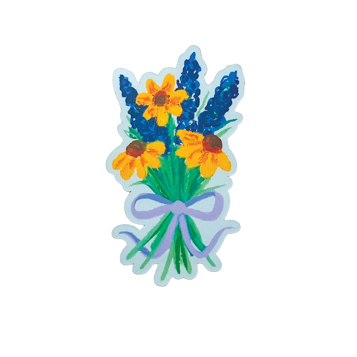 Sticker of a bouquet of yellow flowers and blue lavender with a purple bow on a white background