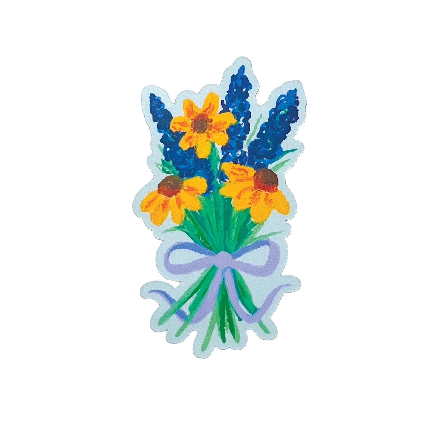 Sticker of a bouquet of yellow flowers and blue lavender with a purple bow on a white background