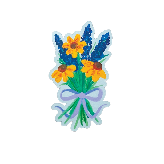 Sticker of a bouquet of yellow flowers and blue lavender with a purple bow on a white background