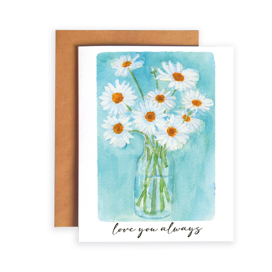 Greeting card with daisy flowers in a vase on a blue background