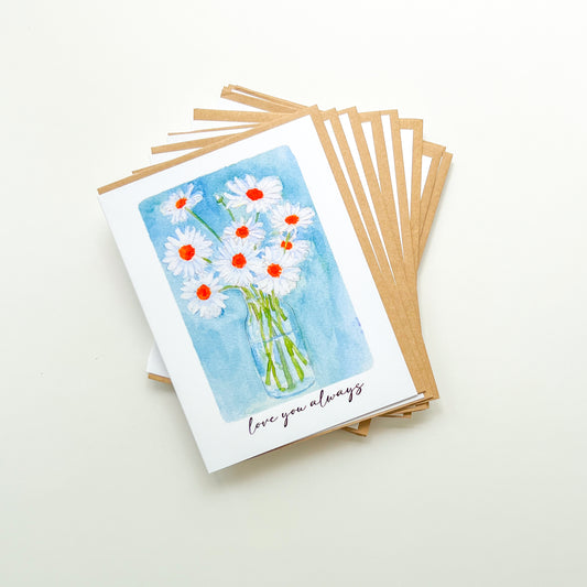 greeting cards with a vase of daisies illustration and text 'love you always'