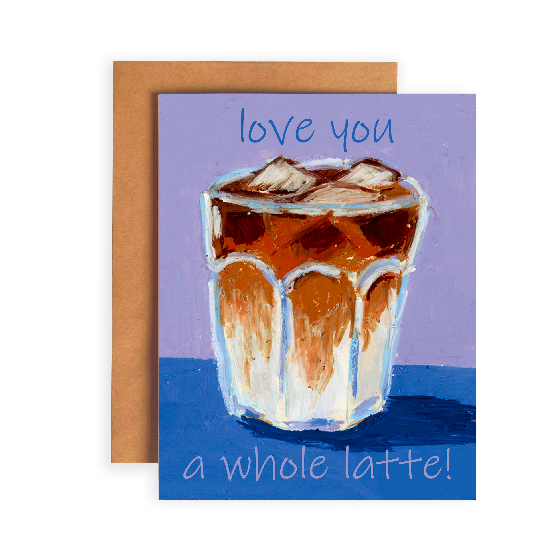 Greeting card with an iced latte illustration and 'love you a whole latte!' text on a purple background.