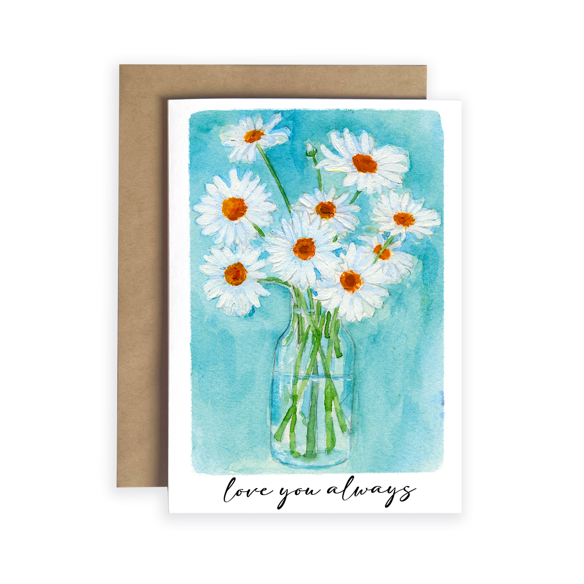 Greeting card with daisy flowers in a vase and 'love you always' text on a blue background.