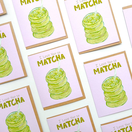 greeting cards with illustrations of iced matcha and text 'I love you so matcha'