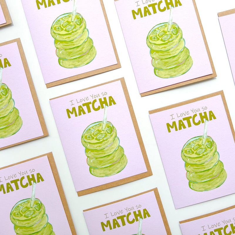 greeting cards with illustrations of iced matcha and text 'I love you so matcha'