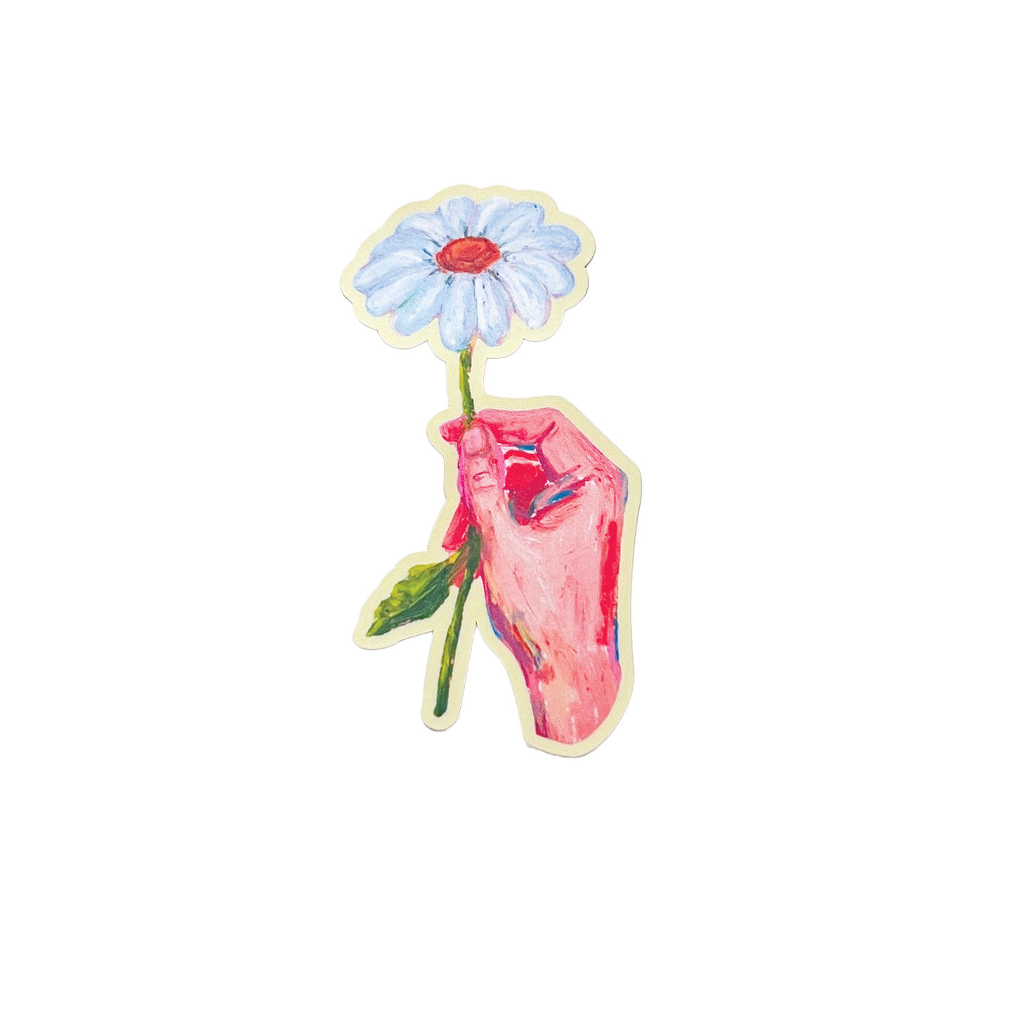 Sticker with a hand holding a flower on a white background