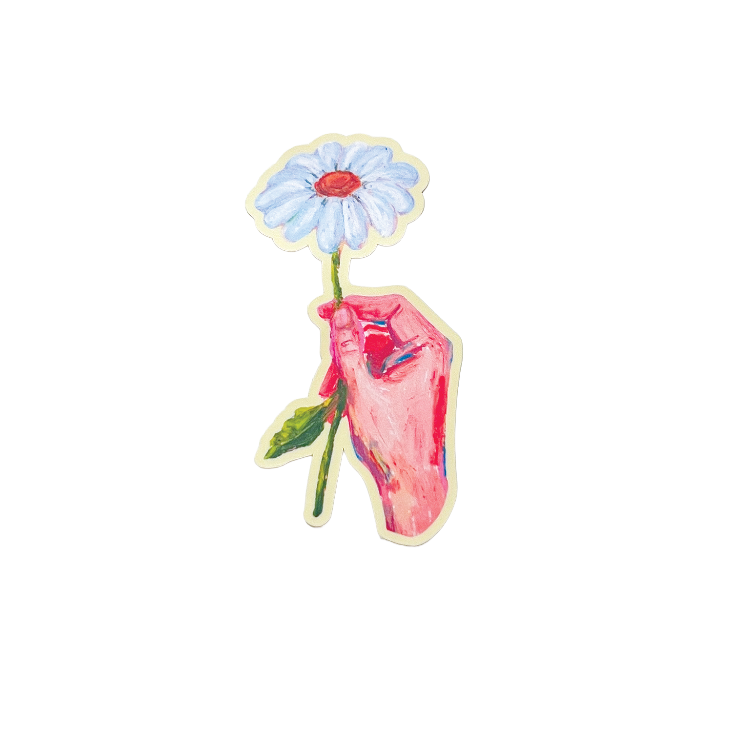Sticker with a hand holding a flower on a white background