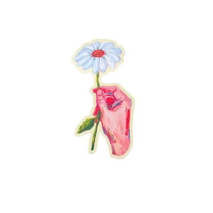 Sticker with a hand holding a flower on a white background
