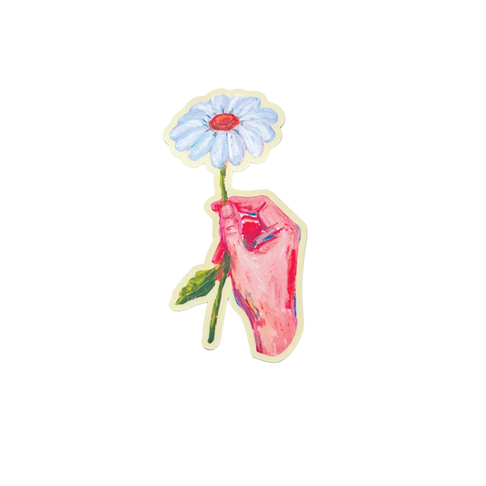 Sticker with a hand holding a flower on a white background