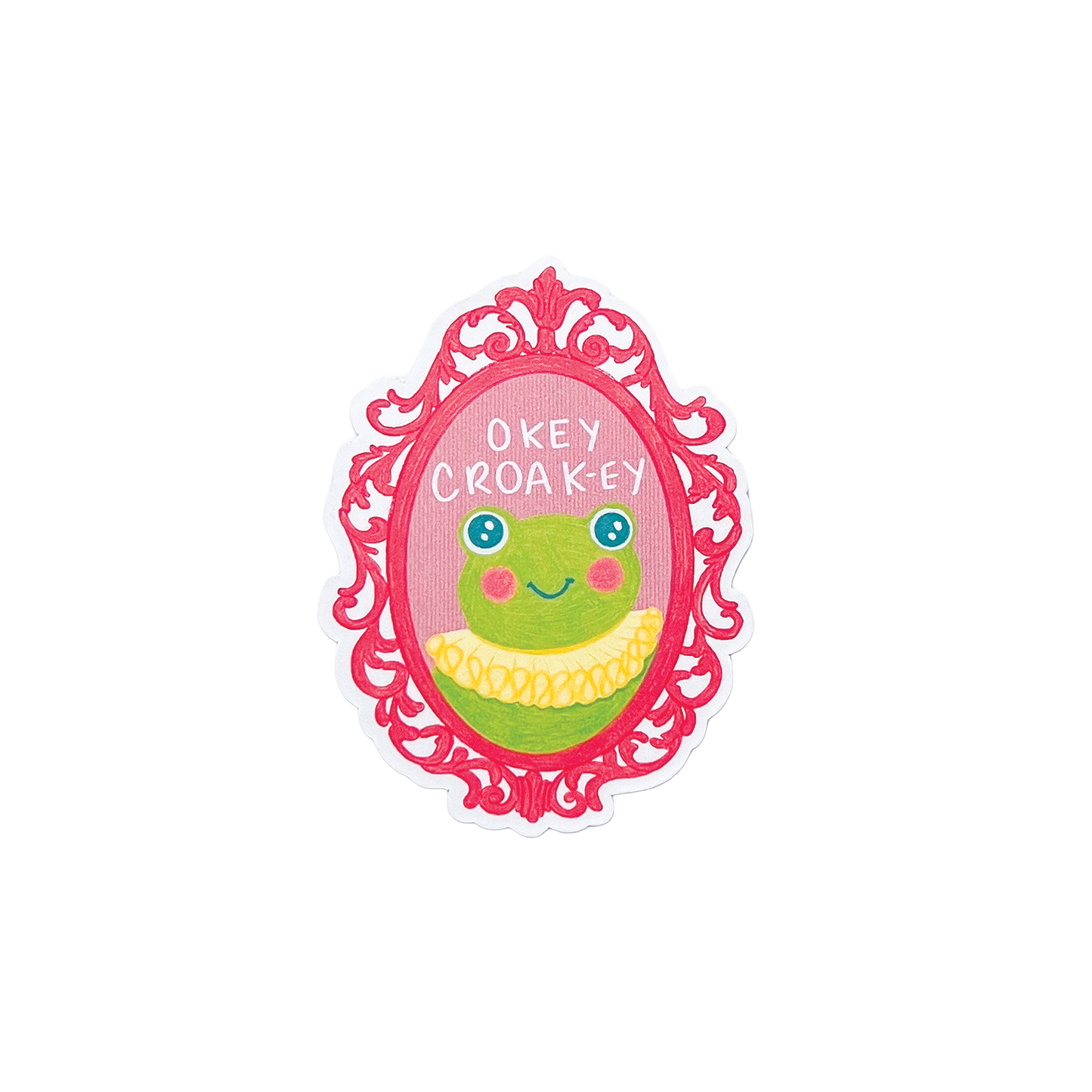 Sticker with a cartoon frog in a decorative frame with text 'okey croaky' on a white background