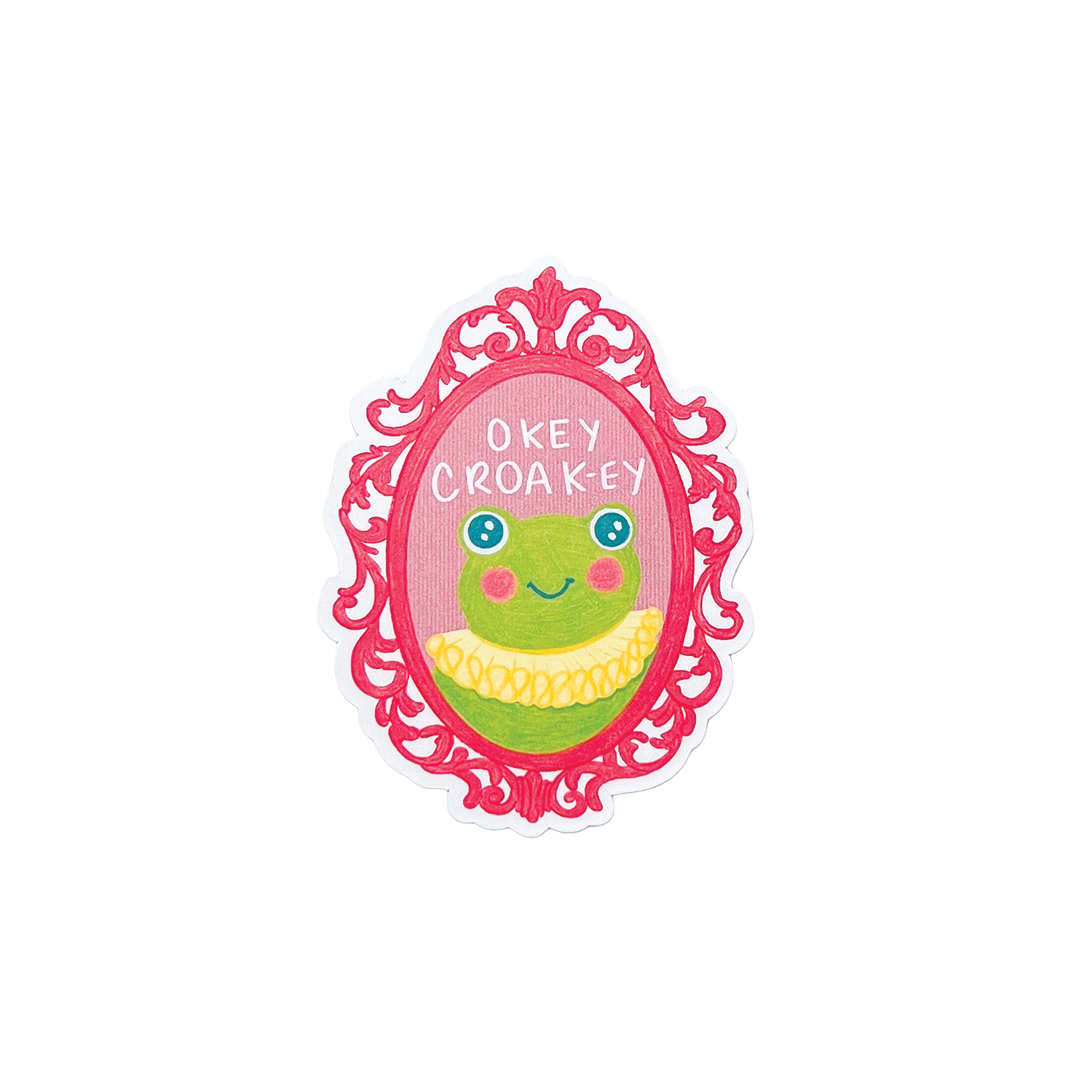 Sticker with a cartoon frog in a decorative frame with text 'okey croaky' on a white background