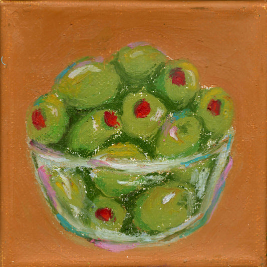 Painting of a glass bowl filled with green olives on a brown background