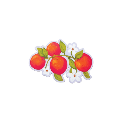 Sticker of three oranges with leaves and flowers on a white background