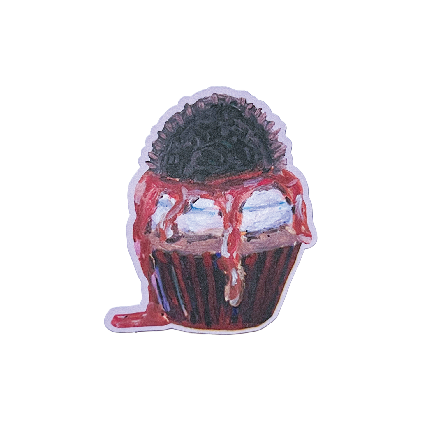 Sticker of a cupcake with a cookie on top against a white background