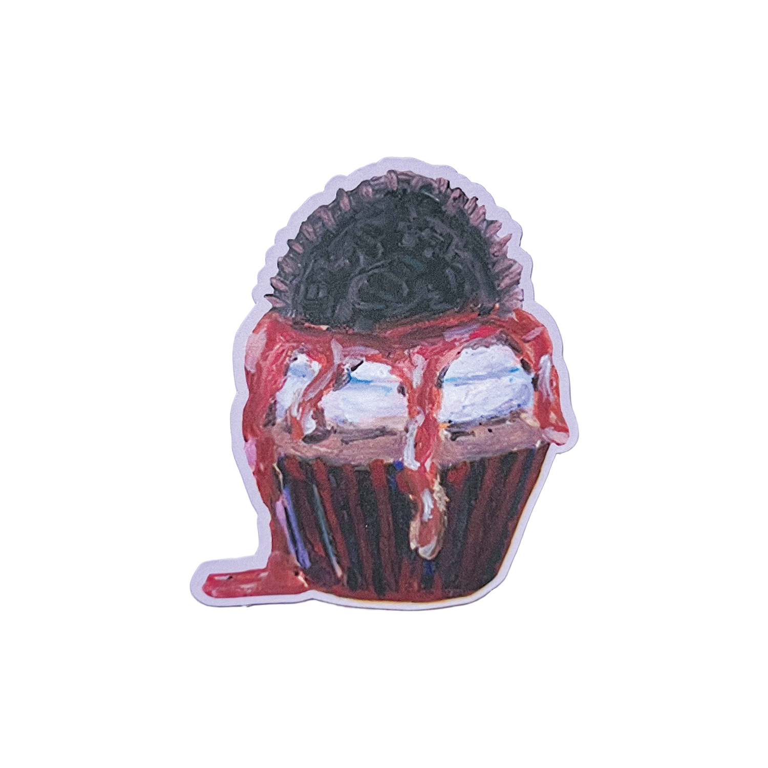 Sticker of a cupcake with a cookie on top against a white background
