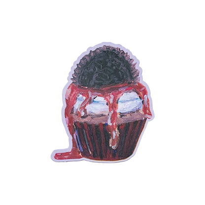 Sticker of a cupcake with a cookie on top against a white background