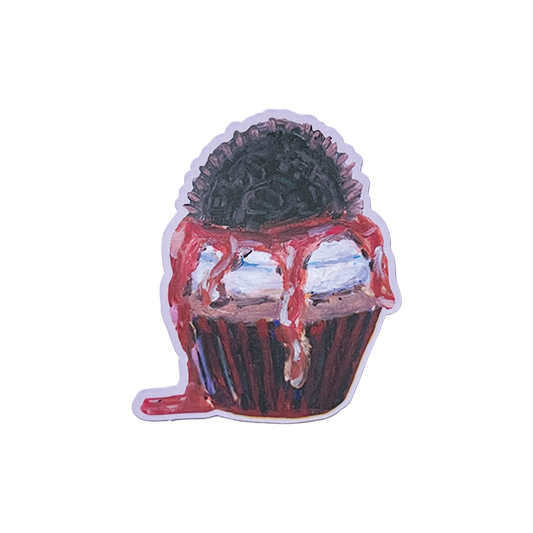 Sticker of a cupcake with a cookie on top against a white background