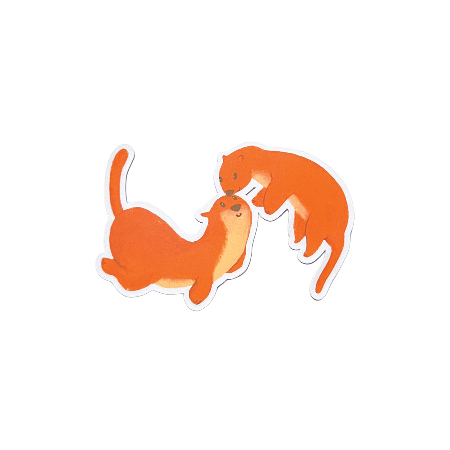 Two orange cartoon otters holding hands on a white background