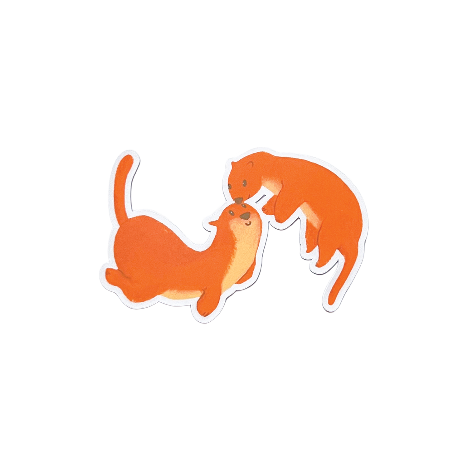 Two orange cartoon otters holding hands on a white background