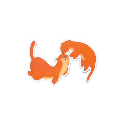 Two orange cartoon otters holding hands on a white background