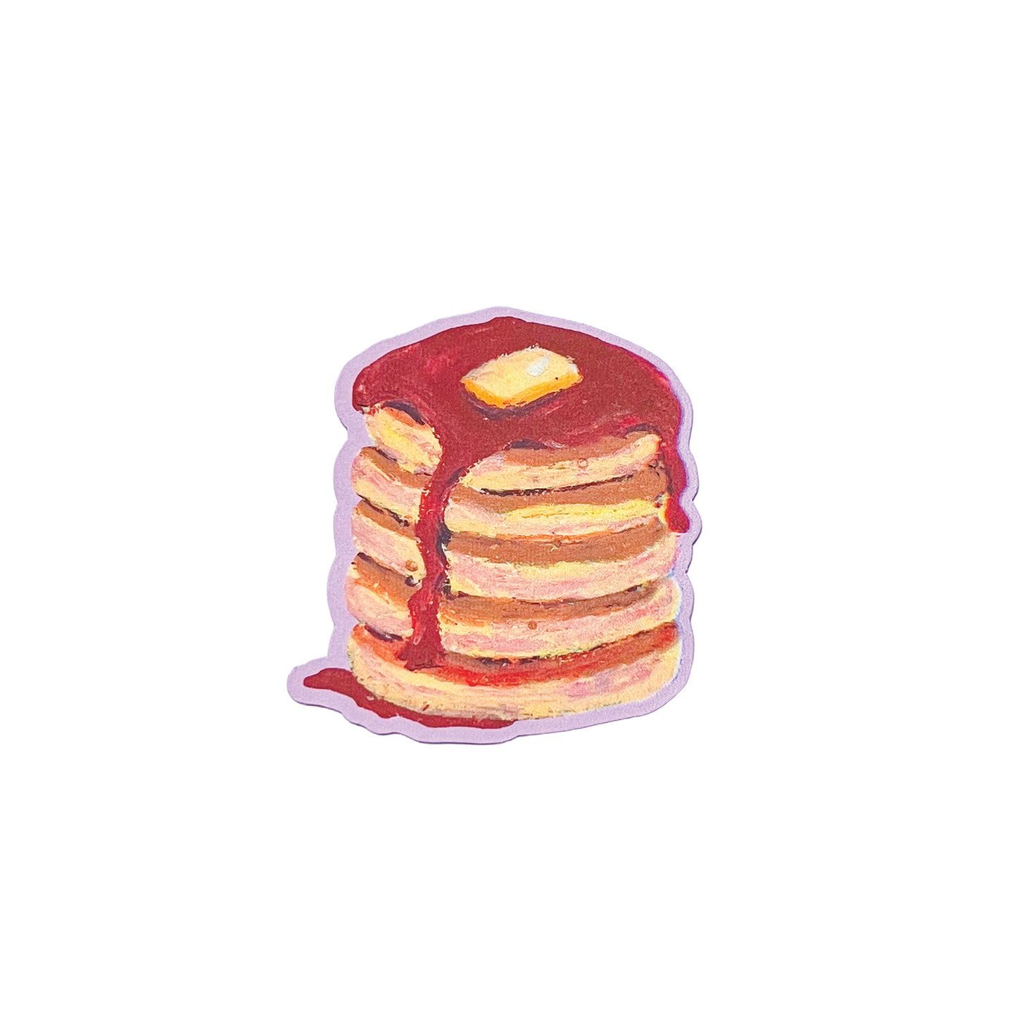 Stack of pancakes with syrup and a butter pat on a white background