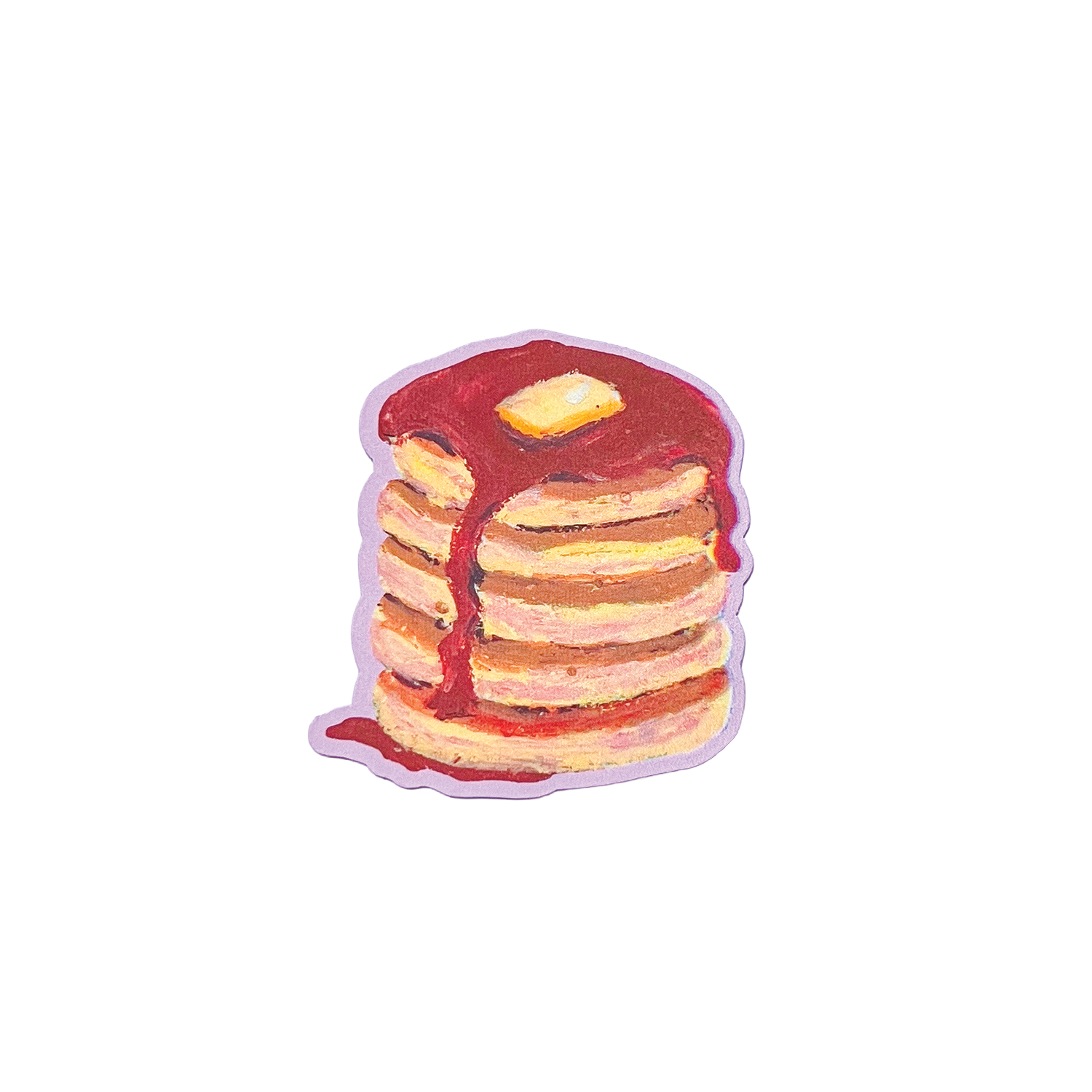 Stack of pancakes with syrup and a butter pat on a white background