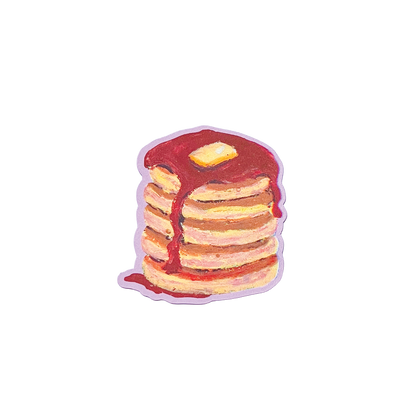 Stack of pancakes with syrup and a butter pat on a white background