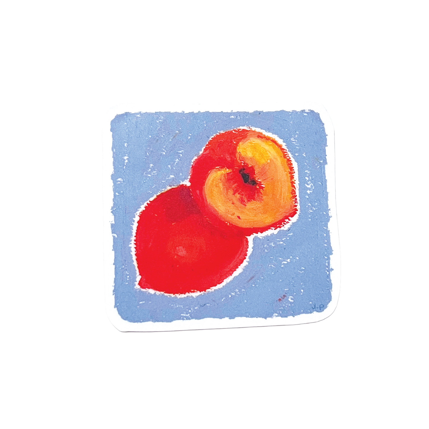 Two red fruits on a blue square background