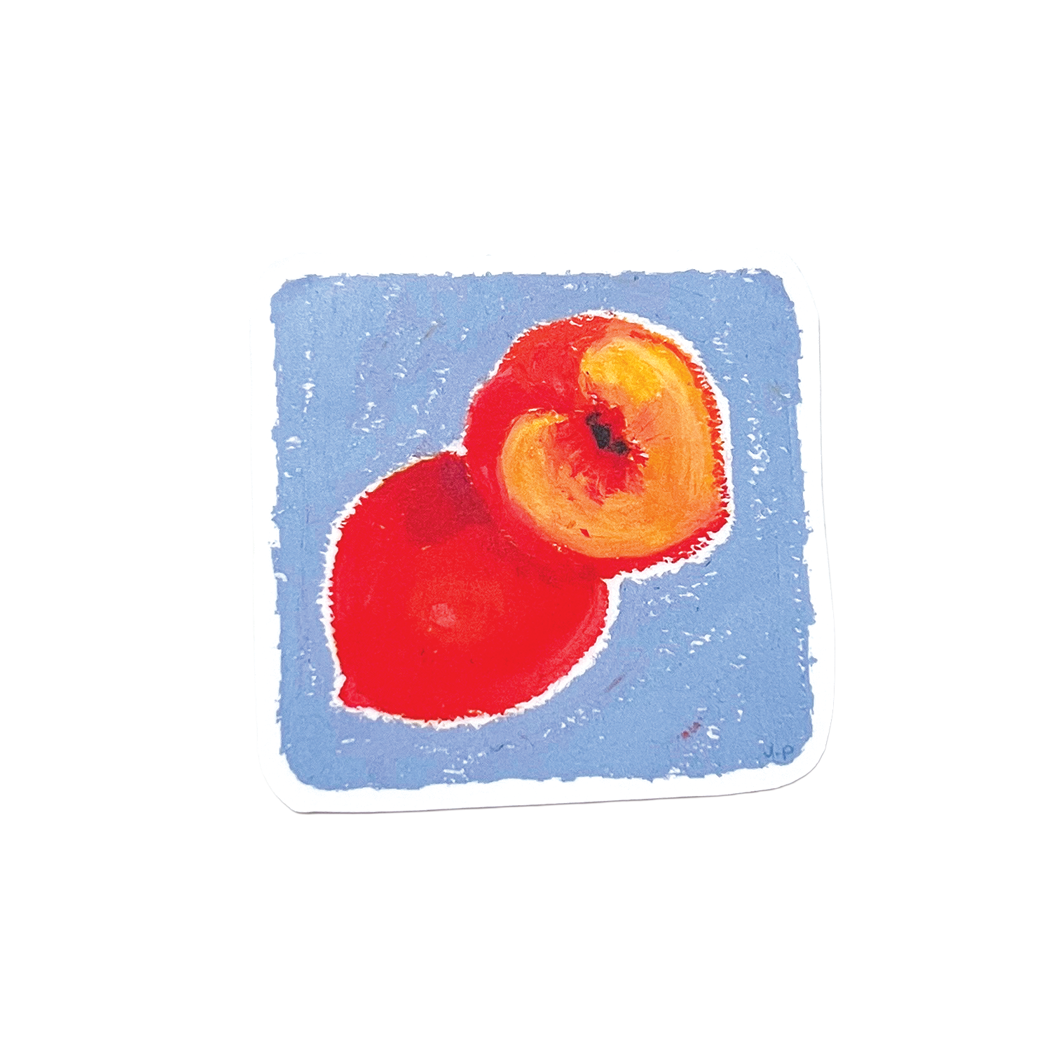 Two red fruits on a blue square background