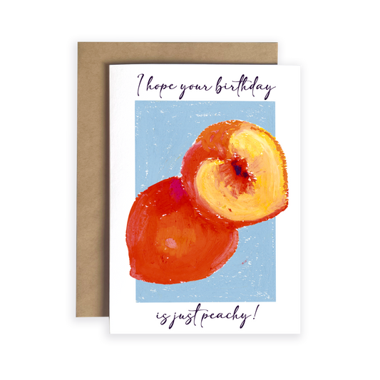 Greeting card with peaches and birthday message on a white background
