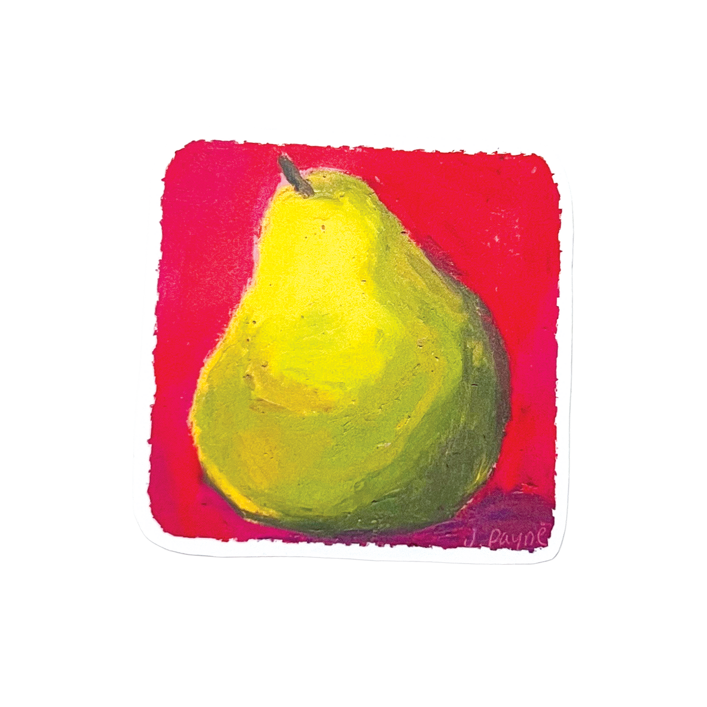 Painting of a green pear on a red square background