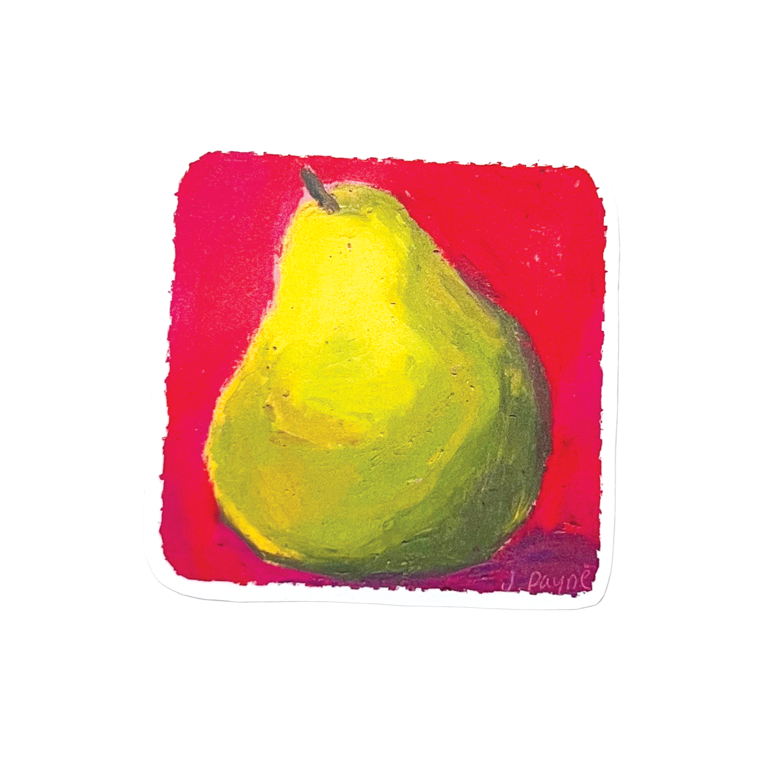 Painting of a green pear on a red square background