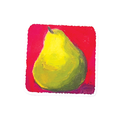Painting of a green pear on a red square background