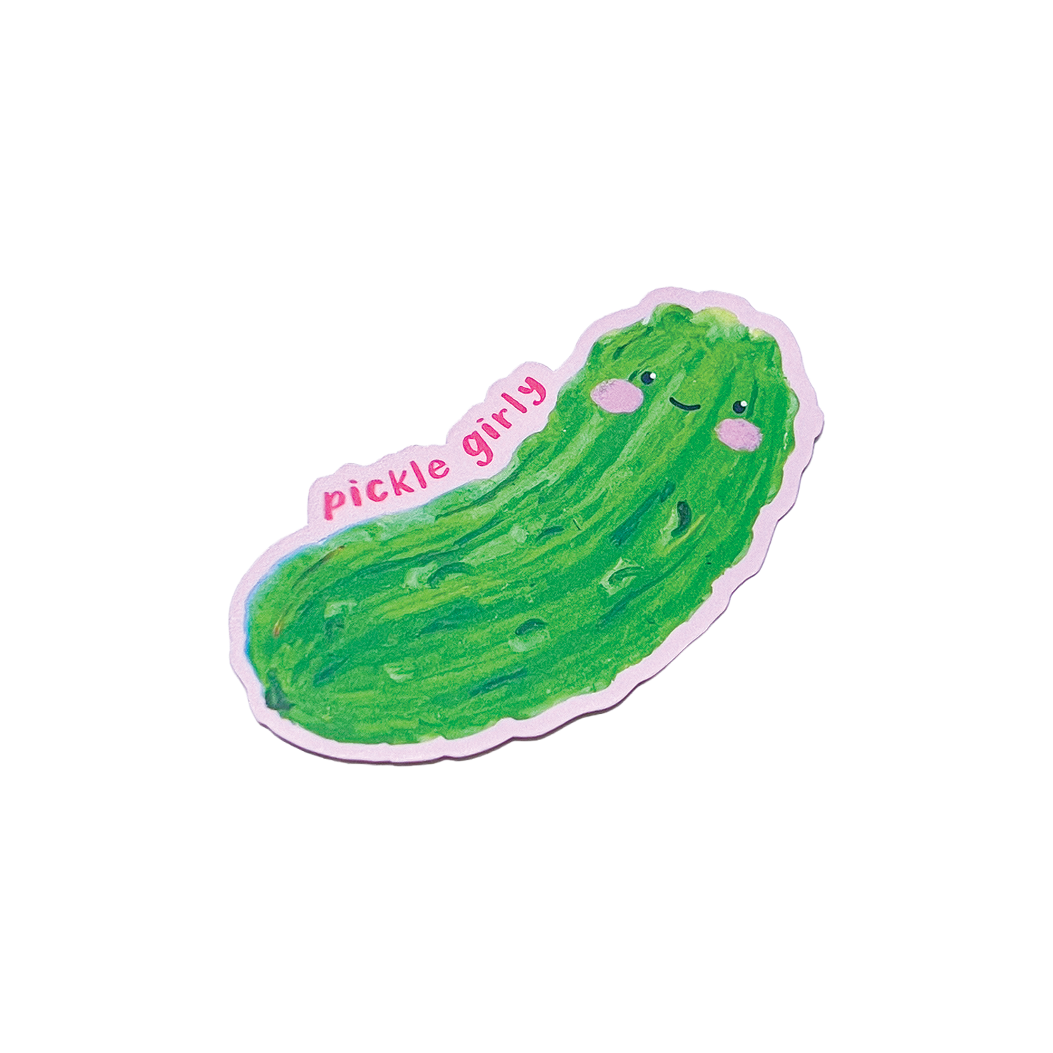 Cartoon pickle with a smiling face and 'Pickle girly' text on a white background