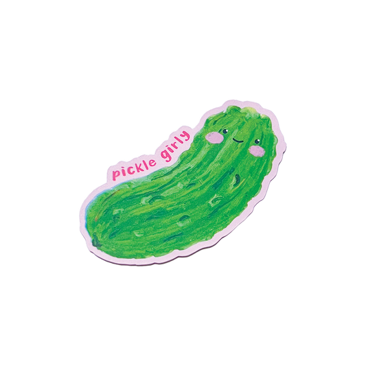 Cartoon pickle with a smiling face and 'Pickle girly' text on a white background