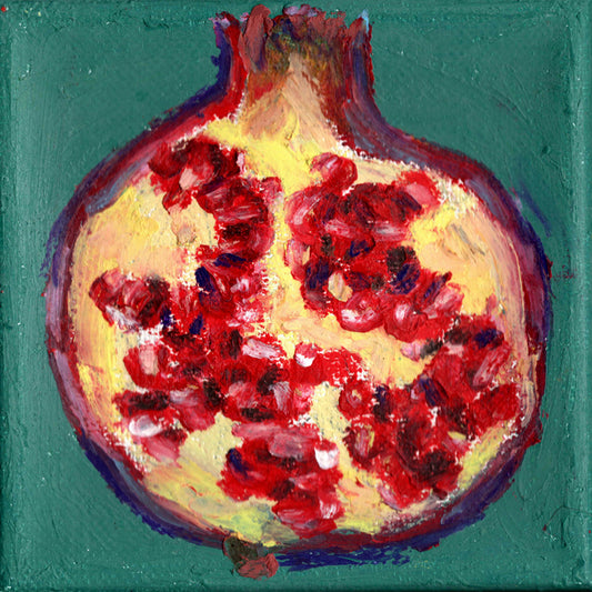 Painting of a pomegranate on a teal background