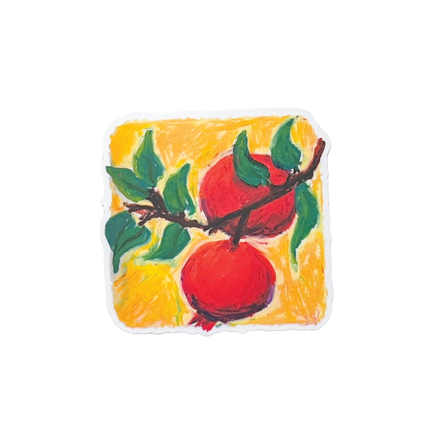 Artistic depiction of pomegranates on a yellow background