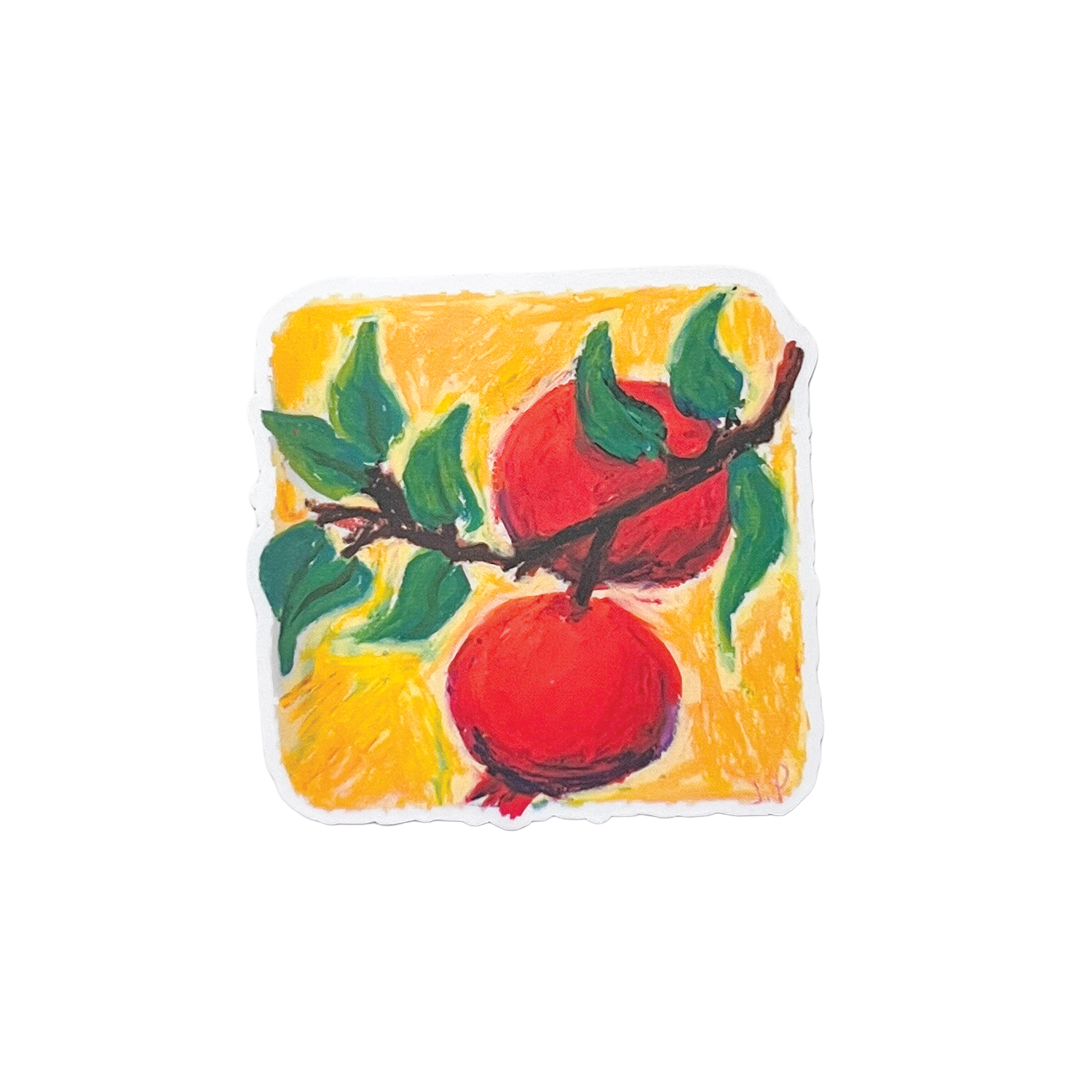 Artistic depiction of pomegranates on a yellow background