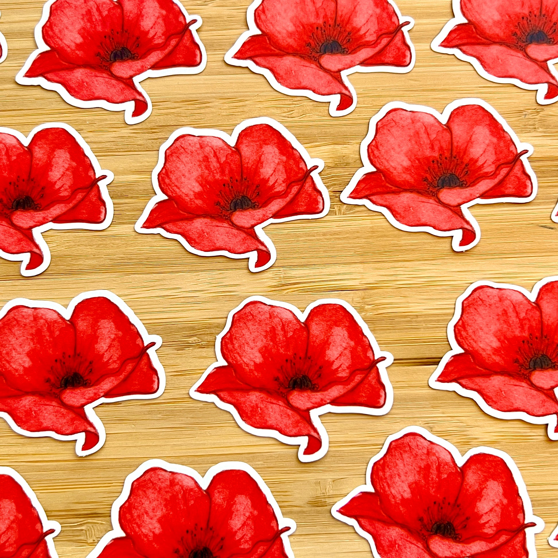 Pattern of red flowers on a wooden background