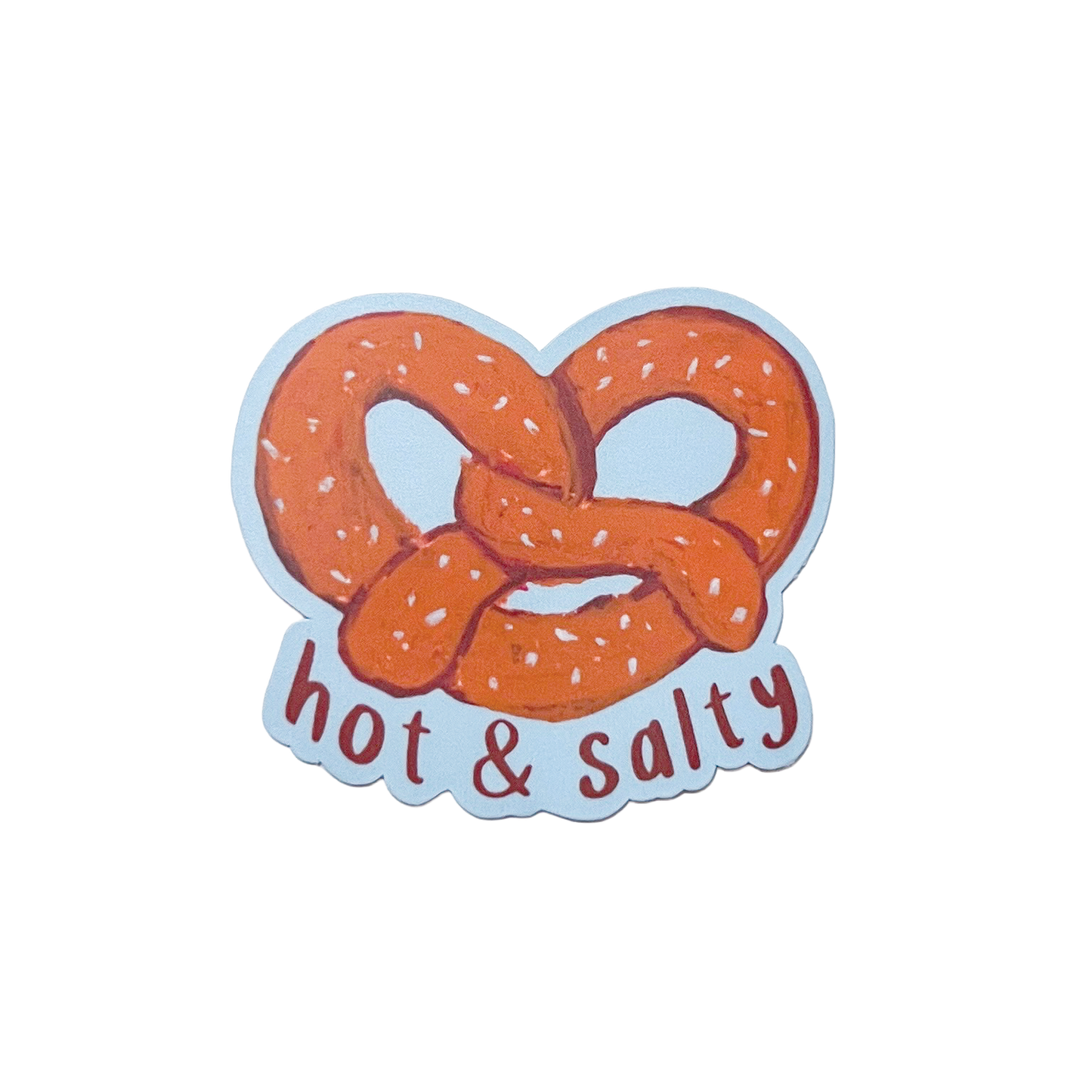 Sticker with a pretzel and 'hot & salty' text on a white background