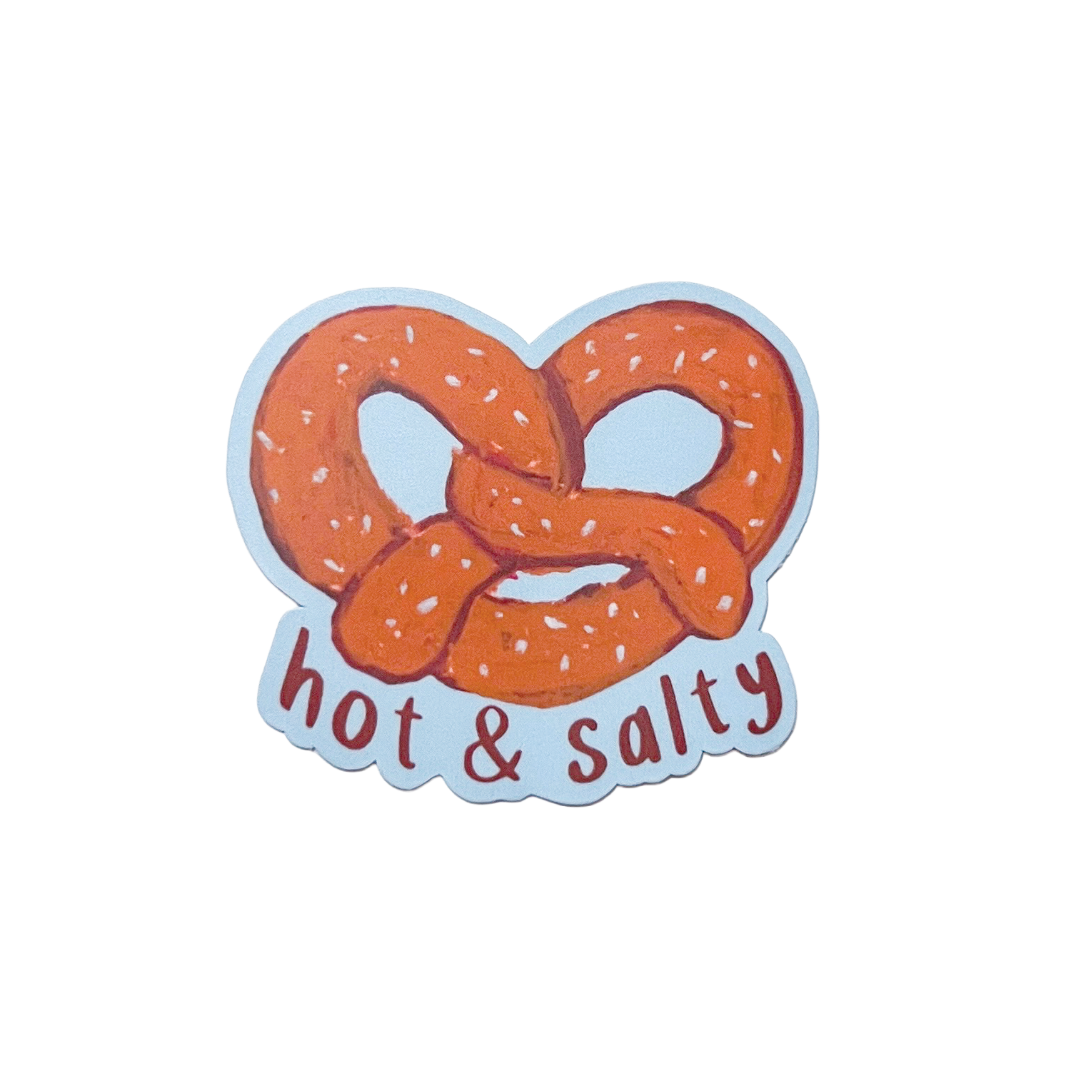 Sticker with a pretzel and 'hot & salty' text on a white background